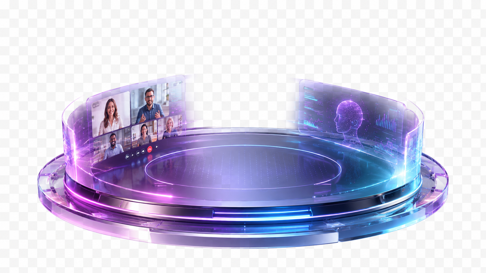 Palco holográfico Univox com painéis de reunião ao vivo e um avatar de IA