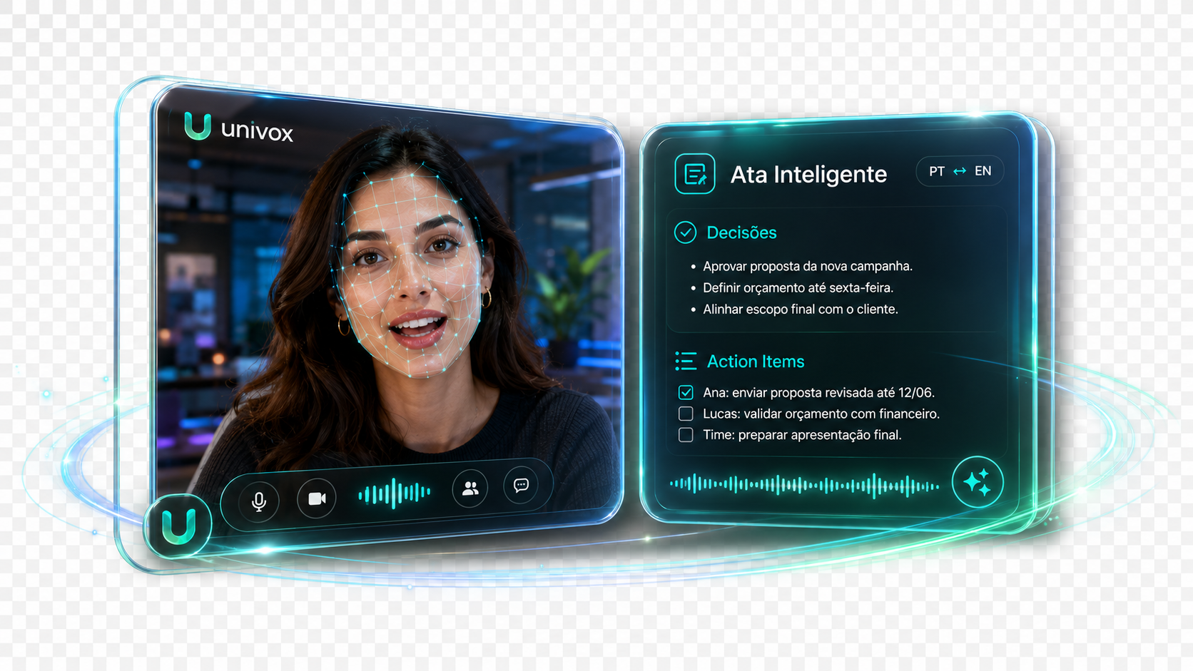 Reunião ao vivo com avatar 3D por ScanFace ao lado do painel Ata Inteligente com decisões e action items
